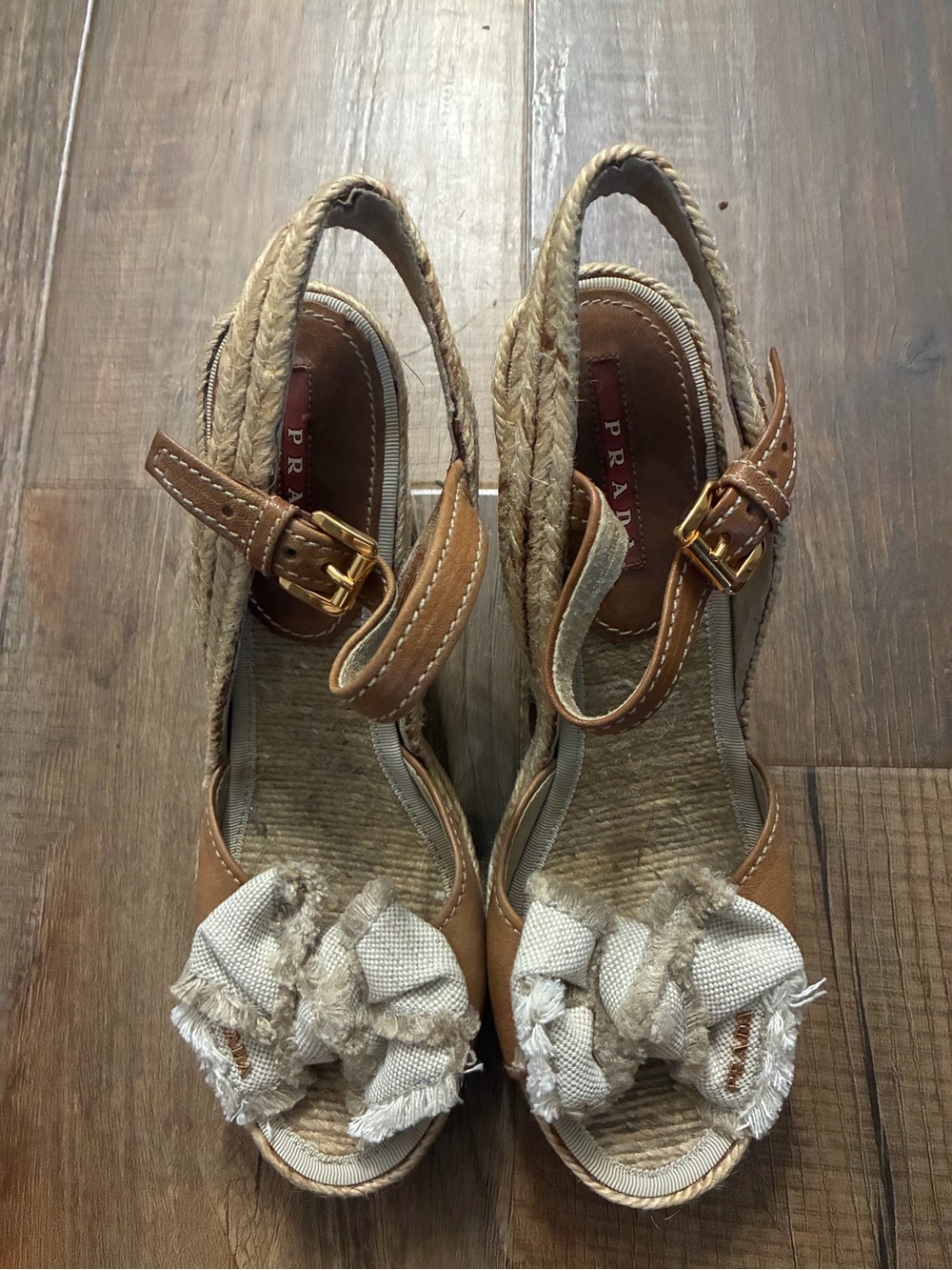 Prada Tan Leather & Natural Canvas Wedge Sandals